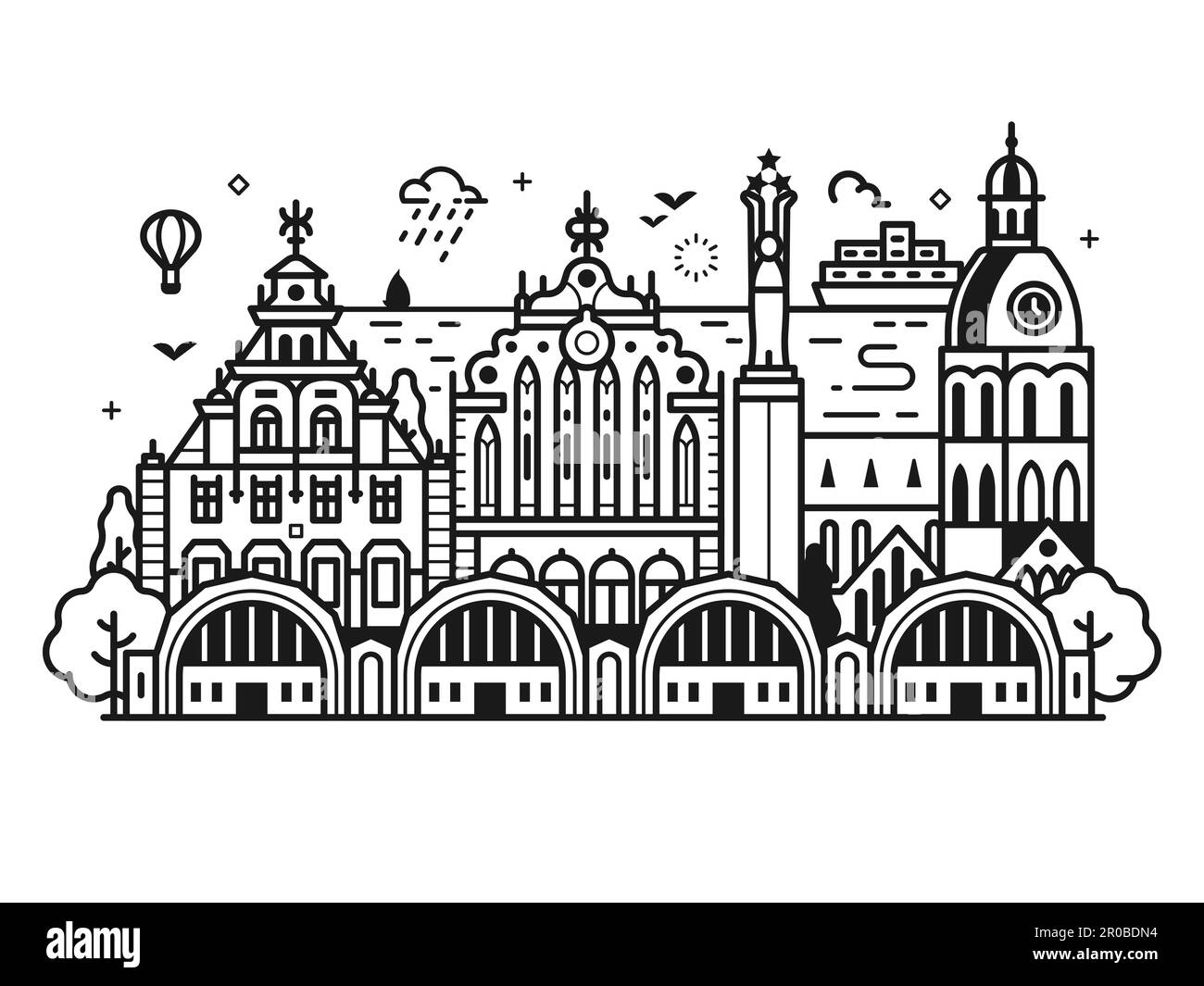 Città vecchia di riga Skyline in Line Art Illustrazione Vettoriale