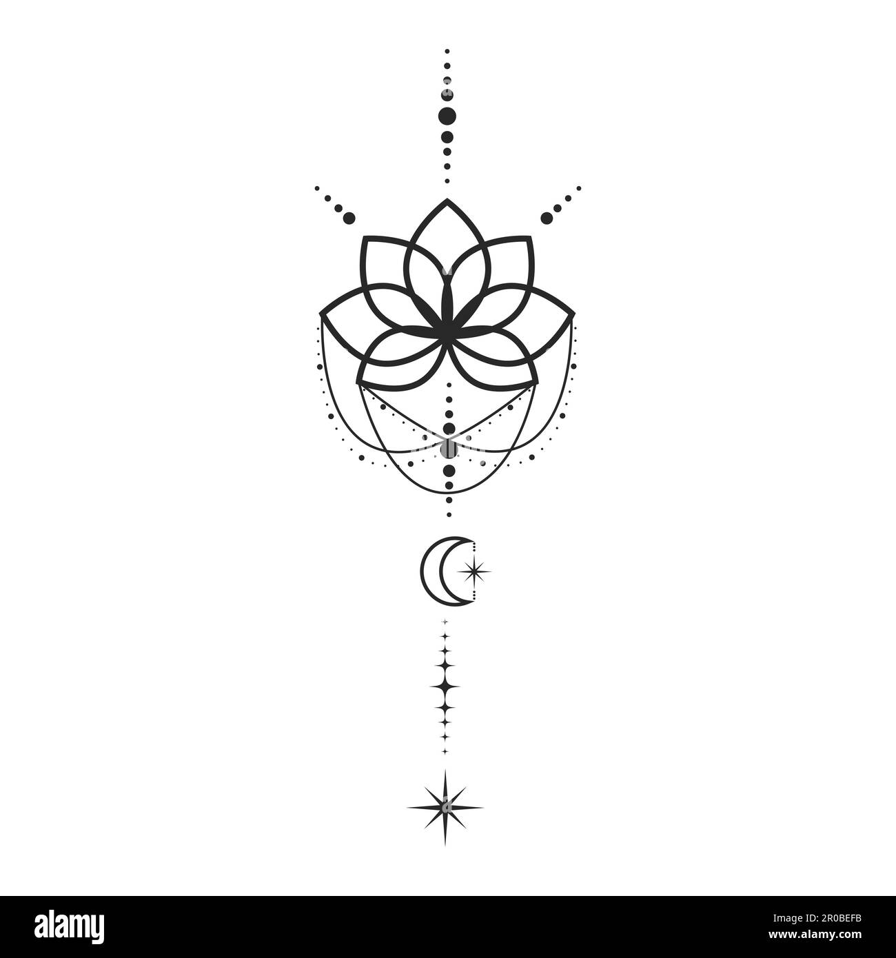 Luna fiore di loto e stelle linea elemento d'arte isolato. Composizione astratta della costellazione, tatuaggio grafico Illustrazione Vettoriale