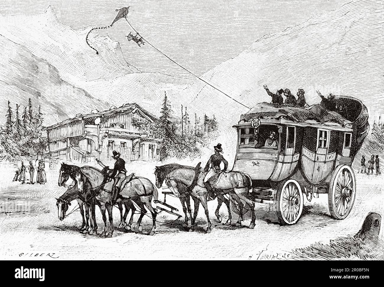 Esperimenti con aquiloni, progetto di un galleggiante per palloncini in viaggi in mare a Colonia di Jean-Daniel Colladon nel 1844, Germania. Antica incisione del 19th ° secolo da la Nature 1887 Foto Stock