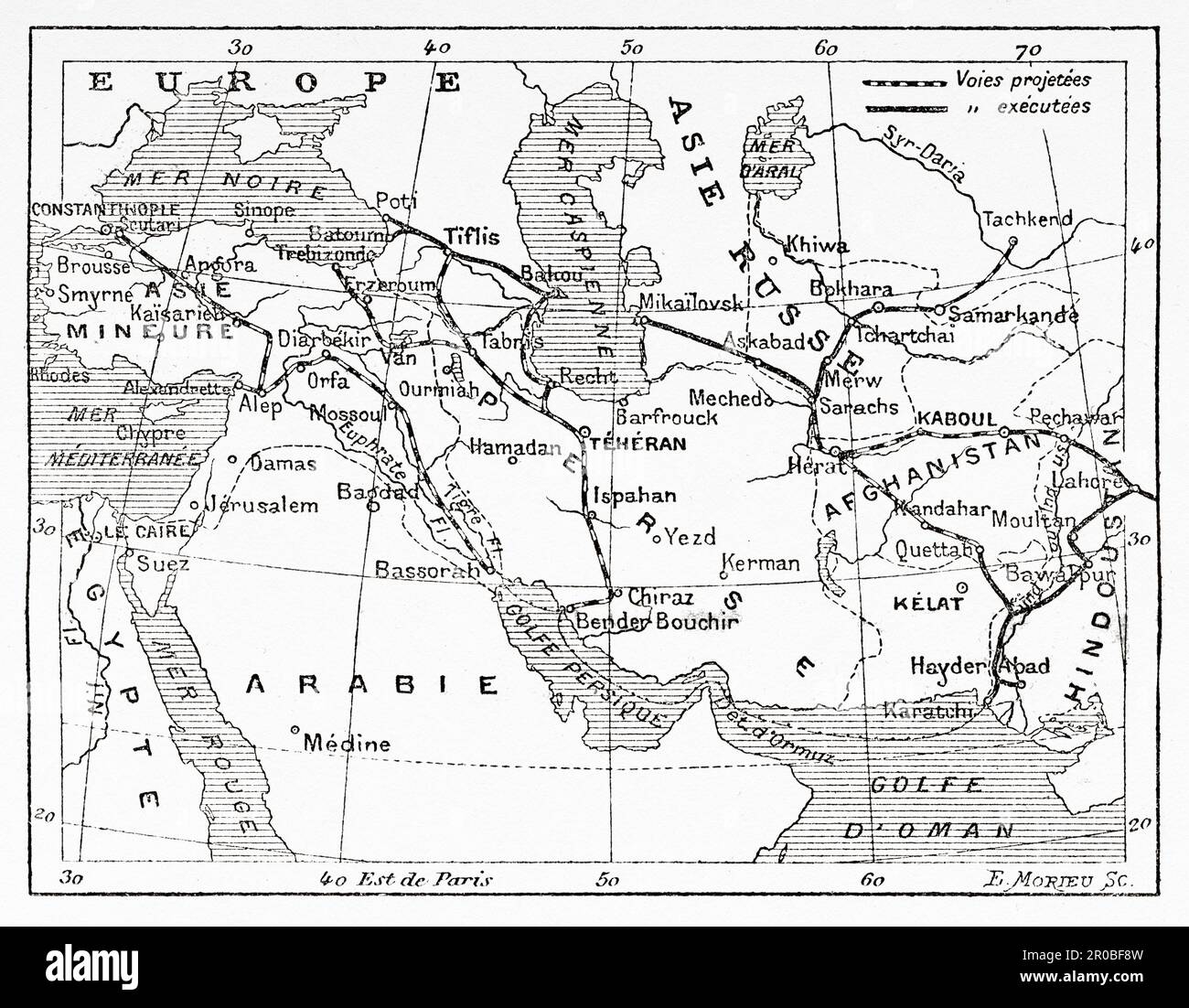 Vecchia mappa delle ferrovie a est. Antica incisione del 19th ° secolo da la Nature 1887 Foto Stock