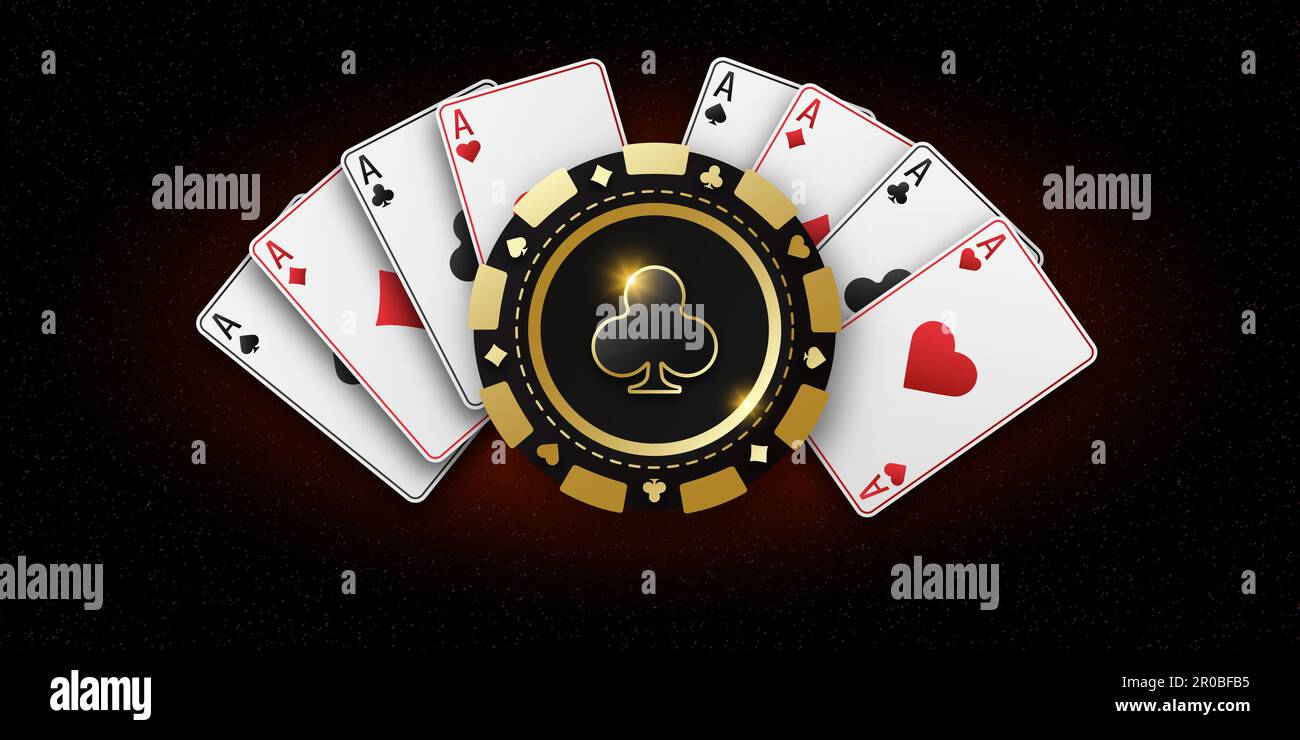 Chip realistico con il vestito di club, gettoni da gioco. Fan di carte da gioco asso di tutti i vestiti. Il concetto di giocare a poker o casinò. Gambli Foto Stock