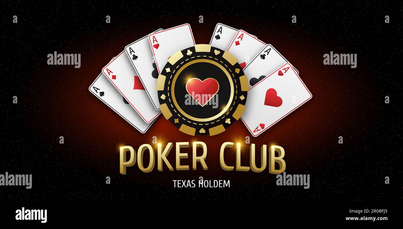 Illustrazione con testo Poker Club. Chip da gioco realistico con tuta cardiaca, gettoni da gioco. Fan di carte da gioco asso di tutti i vestiti. Banner gioco d'azzardo fo Foto Stock