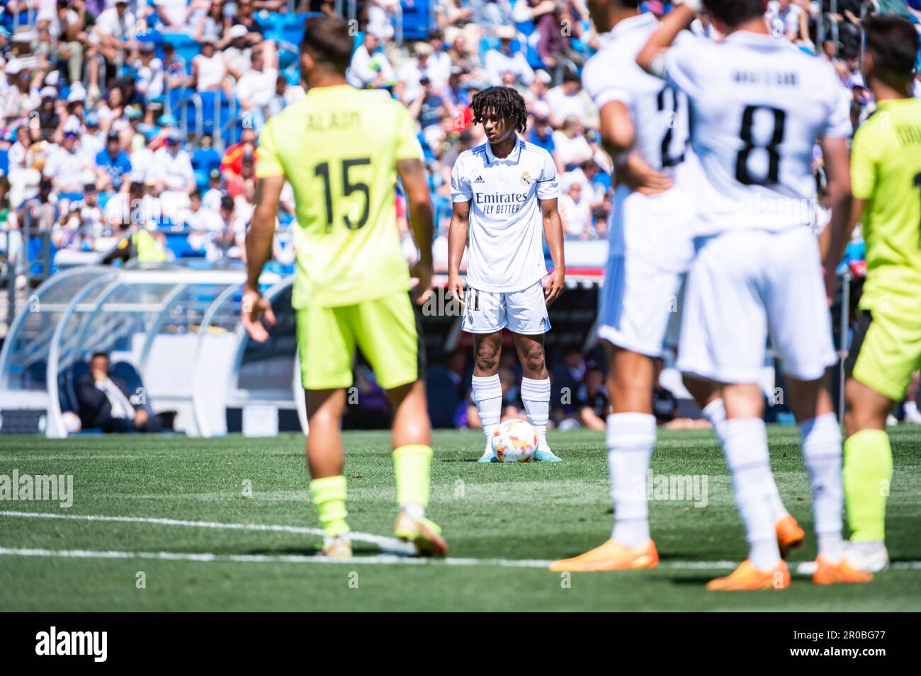 Valdebebas, Madrid, Spagna. 7th maggio, 2023. Peter Gonz''lez (Real Madrid Castilla) in azione durante la partita di calcio tra.Real Madrid Castilla e ad Ceuta FC.valido per il giorno 35 della partita spagnola della 'Primera Division' RFEF League celebrata a Valdebebas (Madrid), Spagna allo stadio di Stefano domenica 07 maggio 2023 (Credit Image: © Alberto Gardin/ZUMA Press Wire) SOLO USO EDITORIALE! Non per USO commerciale! Credit: ZUMA Press, Inc./Alamy Live News Foto Stock