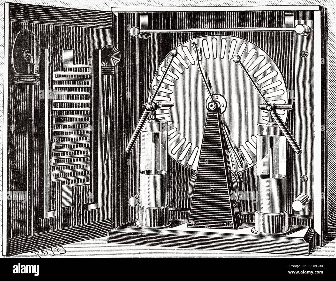 La macchina Wimshurst è un generatore elettrostatico, una macchina per la generazione di alte tensioni sviluppata dall'inventore britannico James Wimshurst (1832–1903) incisione del 19th° secolo da la Nature 1887 Foto Stock