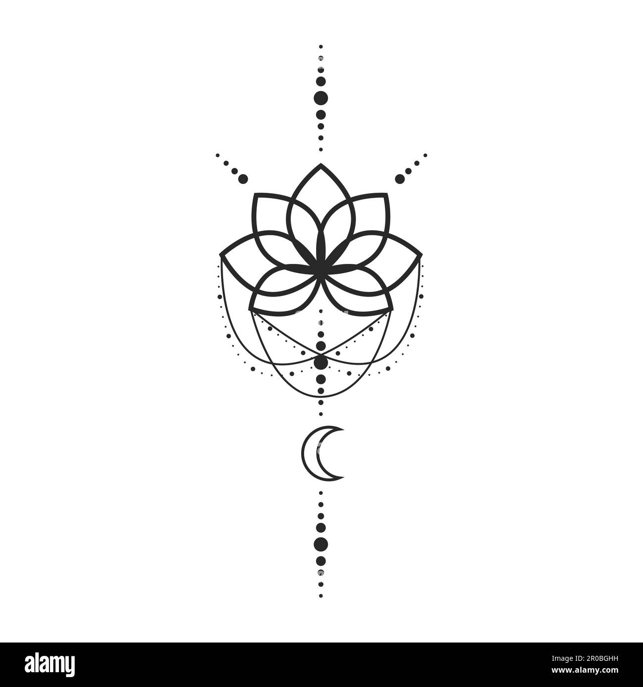 Luna fiore di loto e stelle linea elemento d'arte isolato. Composizione astratta della costellazione, tatuaggio grafico Illustrazione Vettoriale