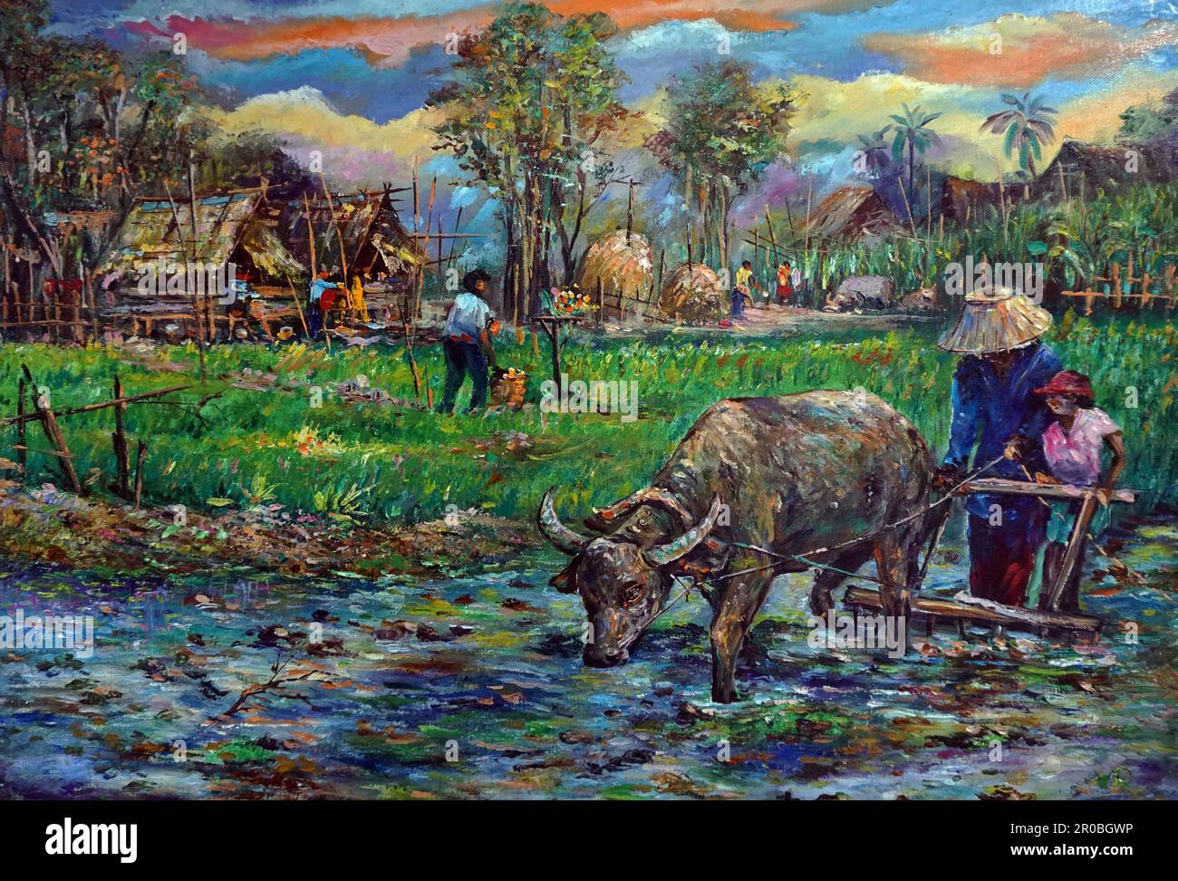 Pittura d'arte colore ad olio bufalo di campagna della Thailandia , plowman , agricoltura biologica Foto Stock