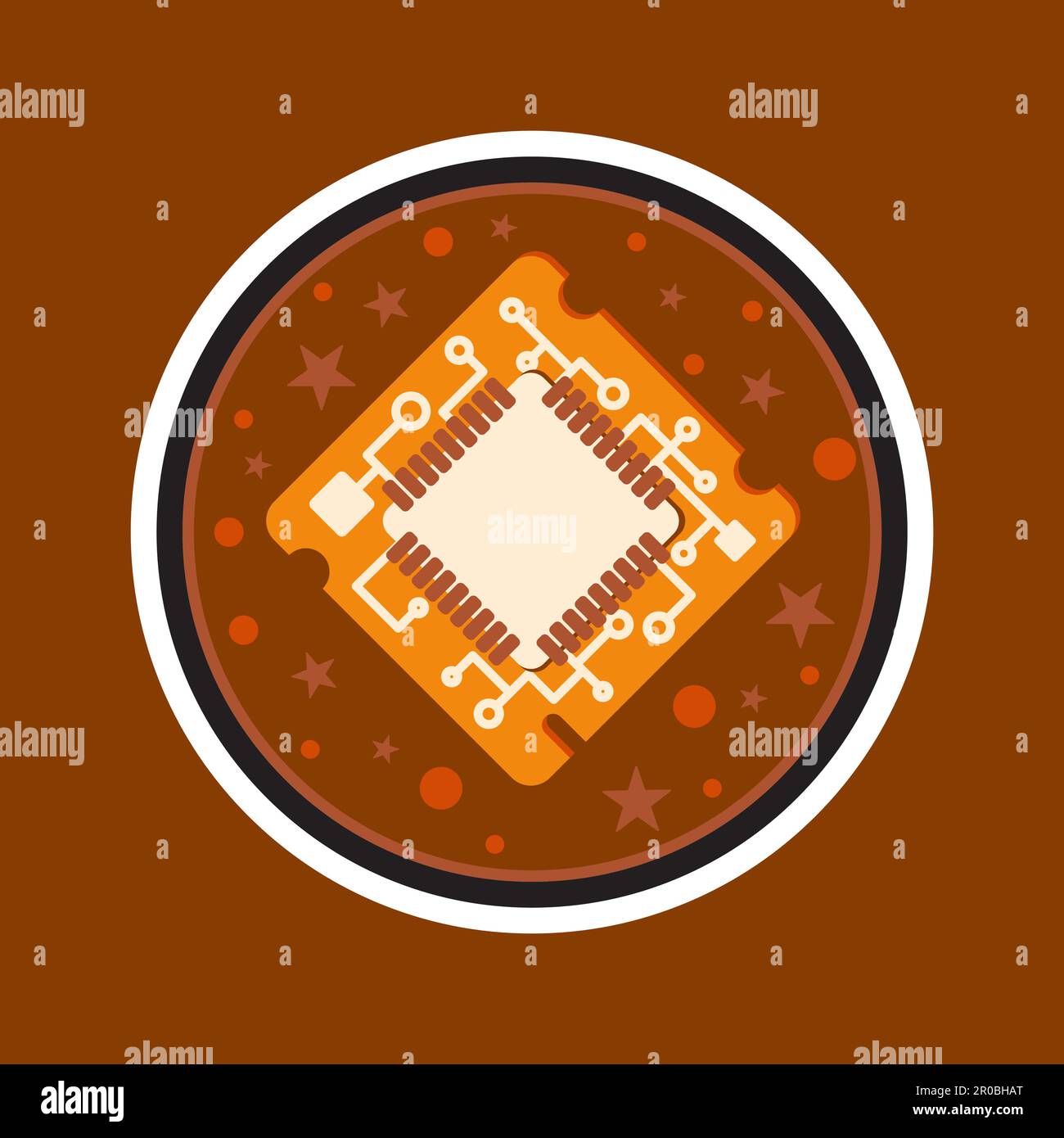 Chip del processore del computer. Simbolo del duro lavoro dei programmatori, delle attività degli amministratori di sistema, dell'innovazione scientifica, dei progressi tecnici e della robotica. Illustrazione Vettoriale