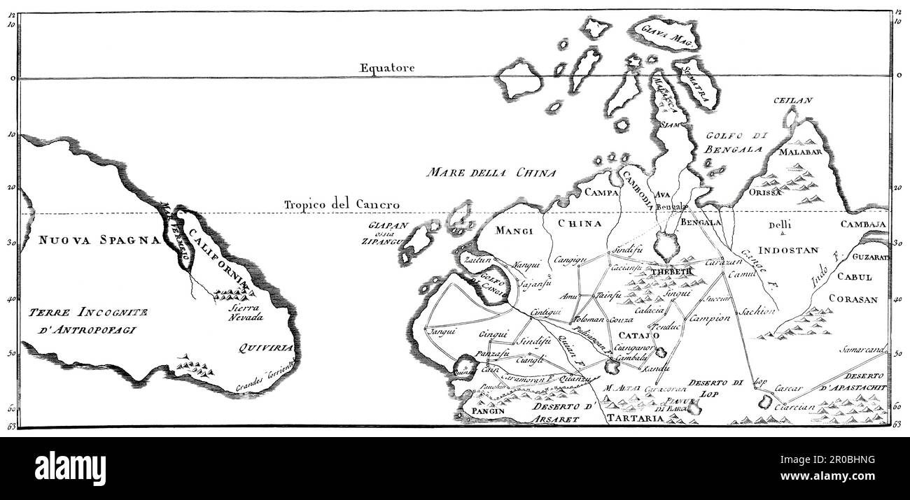 Marco Polo, c. 1254 – 1324, commerciante, esploratore e scrittore italiano, mappa dei suoi viaggi, edito in digitale Foto Stock