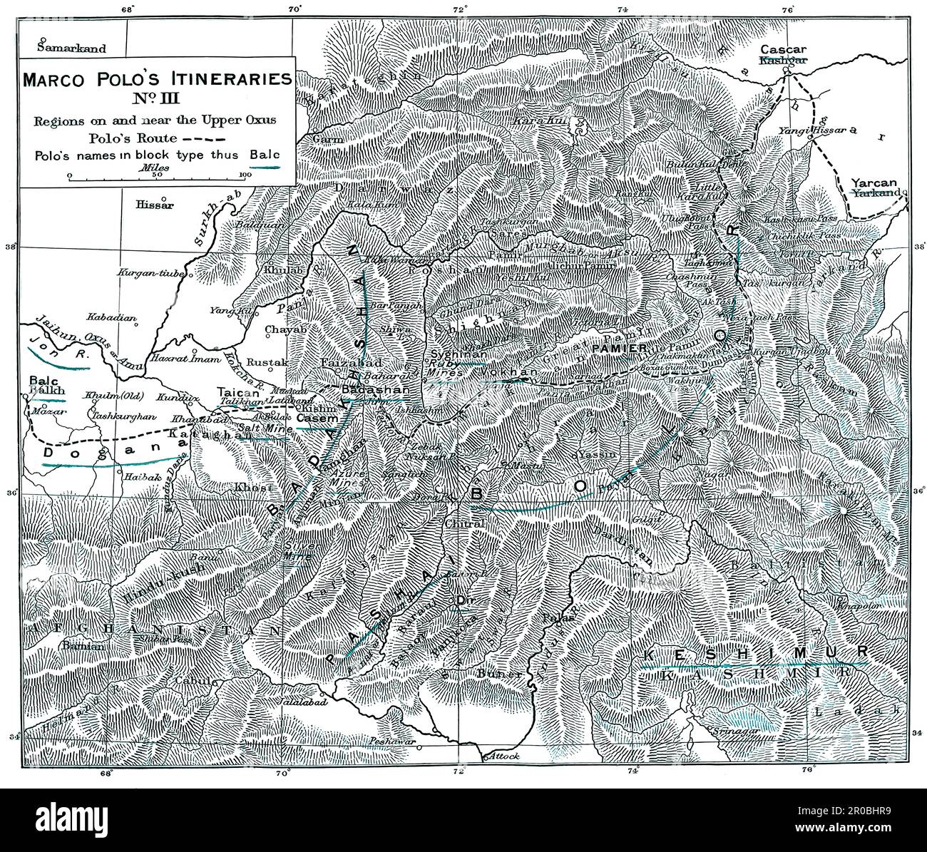 Marco Polo, c. 1254 – 1324, commerciante, esploratore e scrittore italiano, mappa dei suoi viaggi, edito in digitale Foto Stock