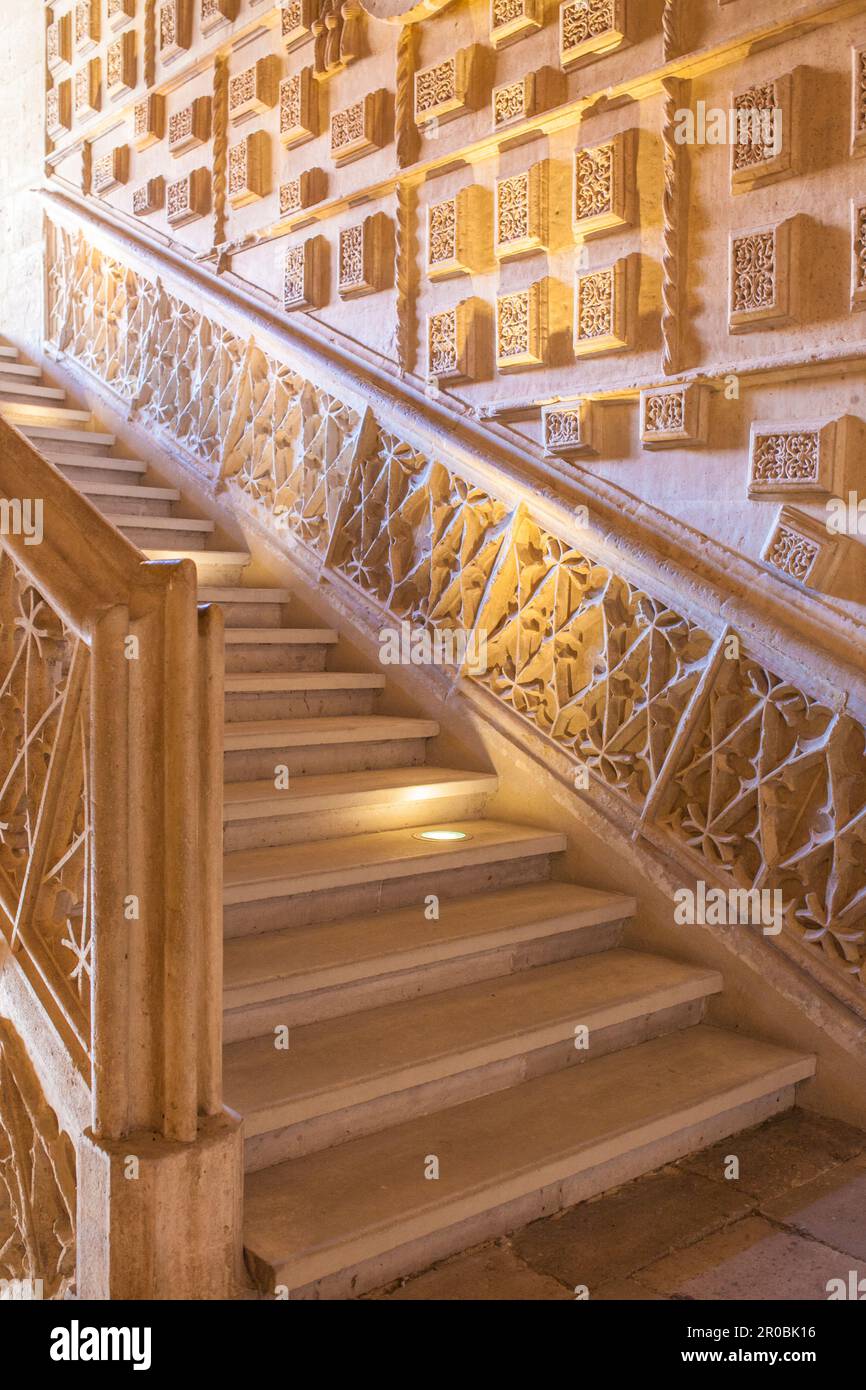 Valladolid; Spagna - 18th luglio; 2020: Scale interne del Collegio San Gregorio. Edificio in stile Isabellino, oggi sede della scultura Nazionale; Museo, Vallad Foto Stock