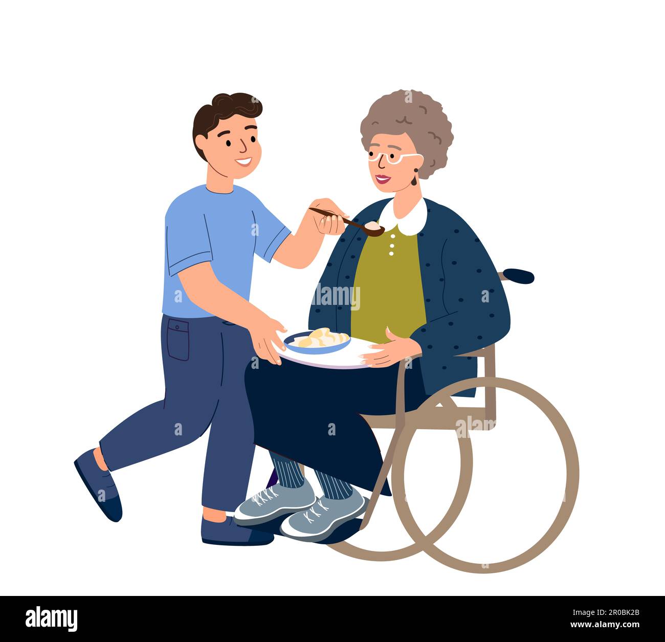 Amare il nipote alimentando la sua vecchia nonna disabili in sedia a rotelle di contenimento e supporto di lei. Il sostegno della famiglia concetto illustrazione. Felice figlio di cura Foto Stock