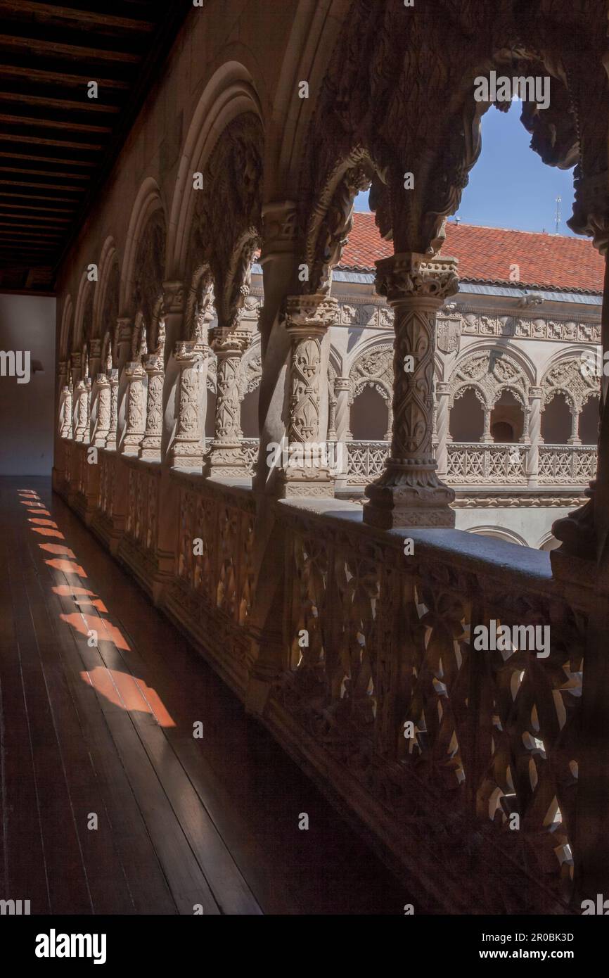 Valladolid, Spagna - 19th luglio 2020: Cortile del Colegio de San Gregorio al piano superiore. Edificio in stile Isabellino. Valladolid, Spagna Foto Stock