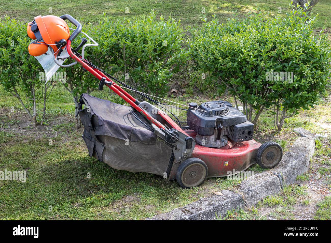 Rasaerba e casco di sicurezza con visiera protettiva e cuffie in giardino Foto Stock