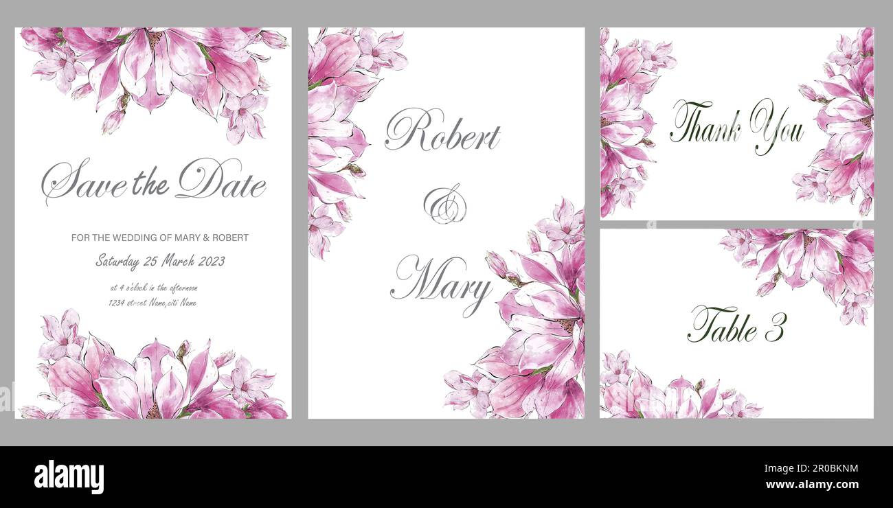 Modello floreale con fiori di magnolie acquerello, design per inviti di nozze e biglietti d'auguri. Foto Stock