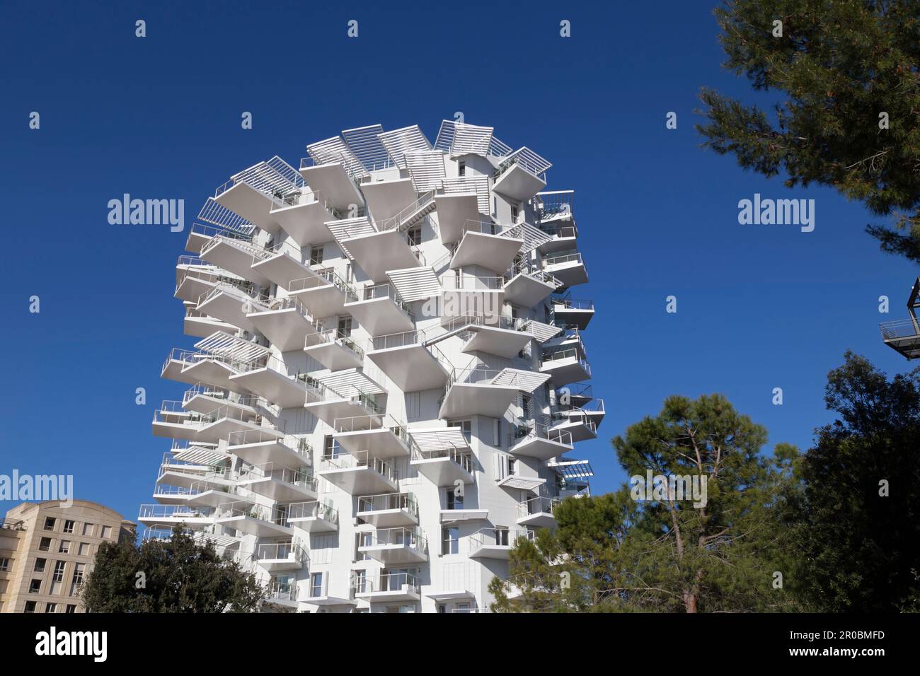 Edificio moderno 'l'Arbre Blanc', Les Berges du Lez, Montpellier. Occitanie, Francia Foto Stock