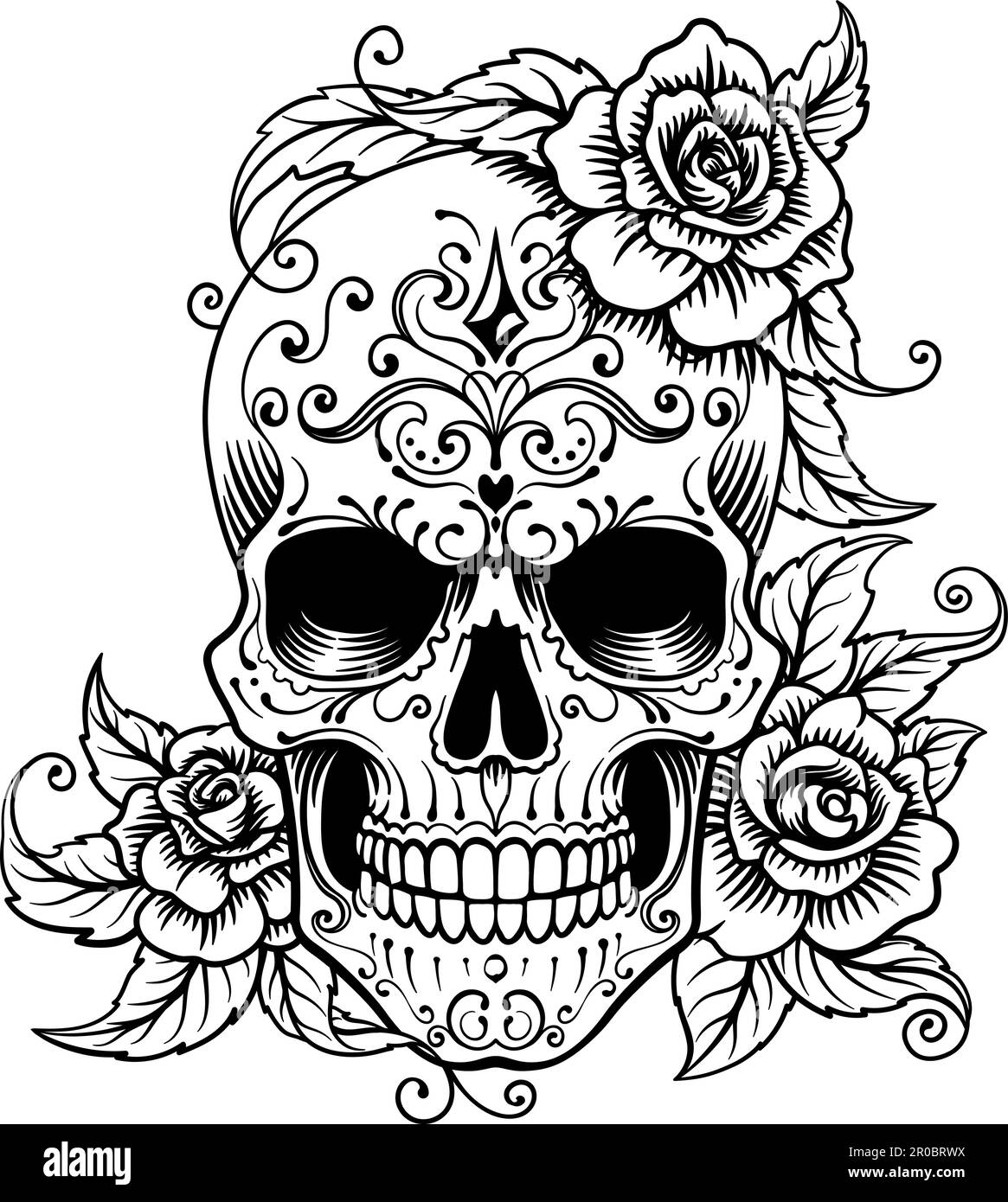 Disegno del tatuaggio con motivo astratto per le rose del cranio Illustrazione Vettoriale