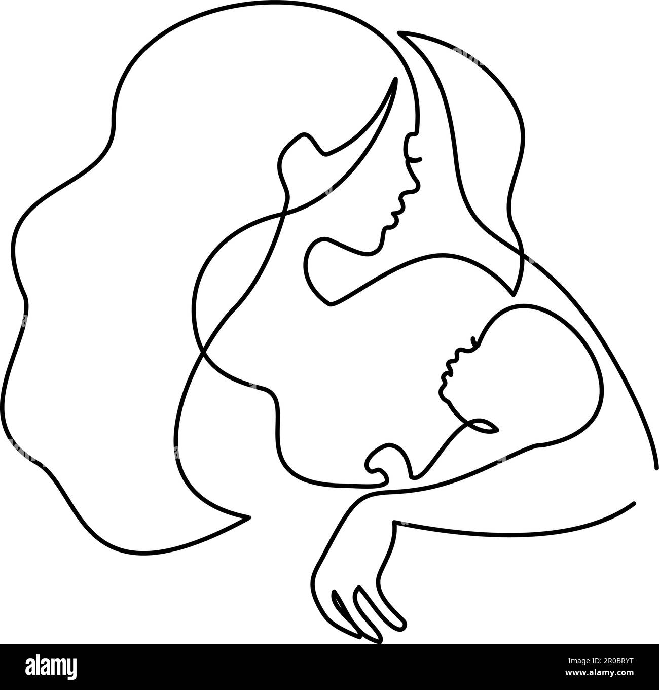 Madre felice giorno della carta. Continuo di un disegno della linea. Donna tenere il suo bambino. Illustrazione Vettoriale Illustrazione Vettoriale