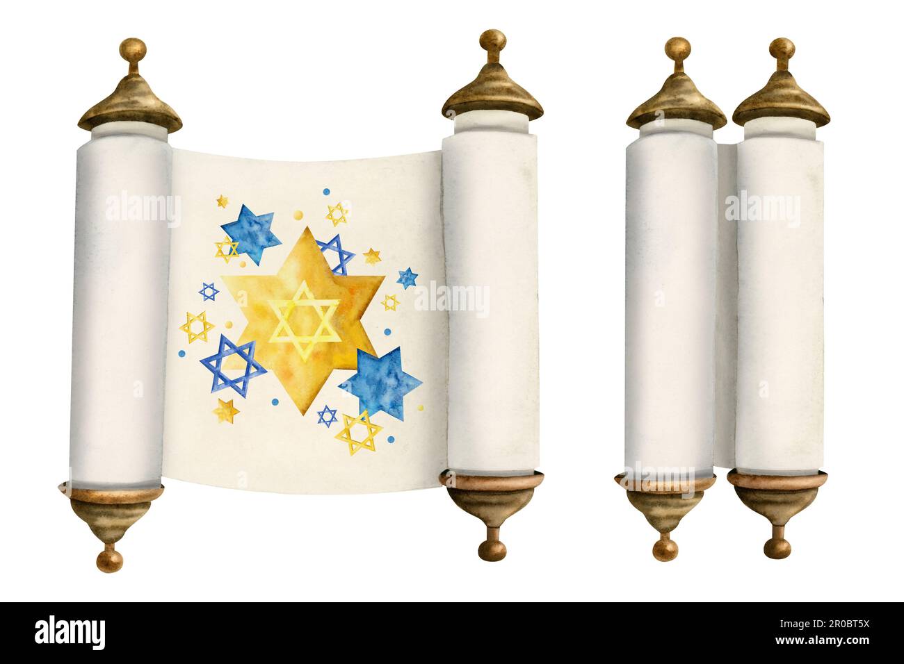 Acquerello aperto e chiuso Torah scorre con stelle gialle blu di David set di illustrazione per disegni ebrei Foto Stock