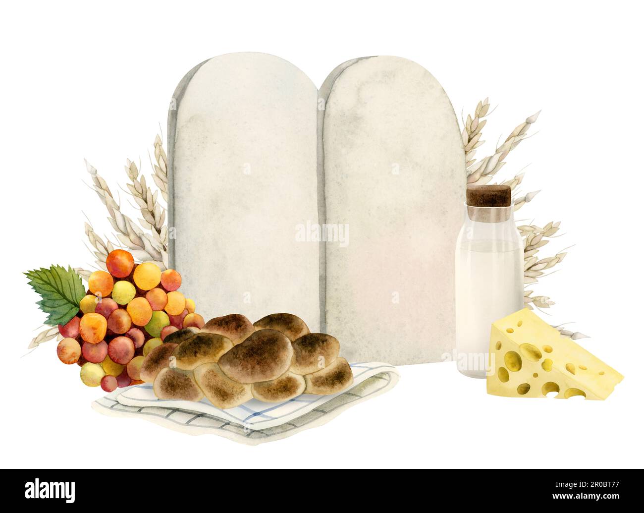 Acquerello Shavuot compresse di pietra biglietto di auguri modello con formaggio, pane challah, latte. grano, uva illustrazione Foto Stock