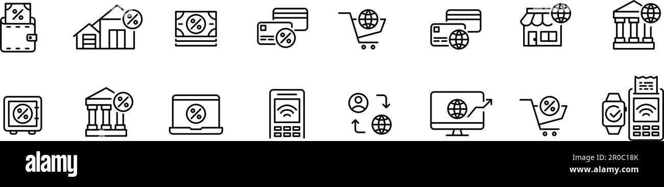Trasferimenti internazionali di denaro, risparmio, credito e pagamenti ipotecari. Icone bancarie e finanziarie Illustrazione Vettoriale
