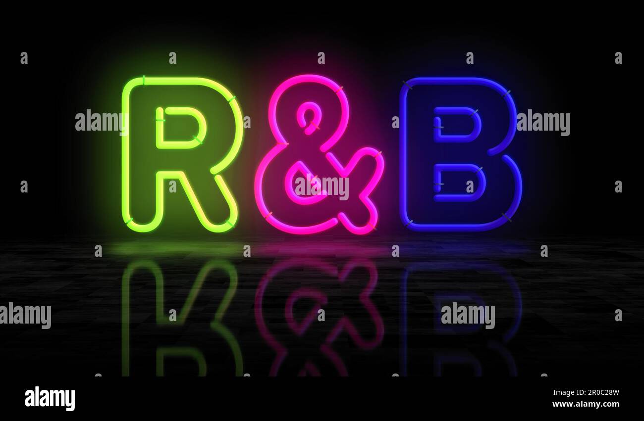 R&B simbolo del ritmo e del neon blu. Intrattenimento Rhythm e blues musica evento luci di colore. Illustrazione del concetto astratto 3D. Foto Stock