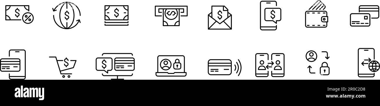 Pagamenti in contanti e con carta di credito. Transazioni, acquisti e account personale sicuri. Pixel Perfect, icone della linea di tratto modificabili Illustrazione Vettoriale