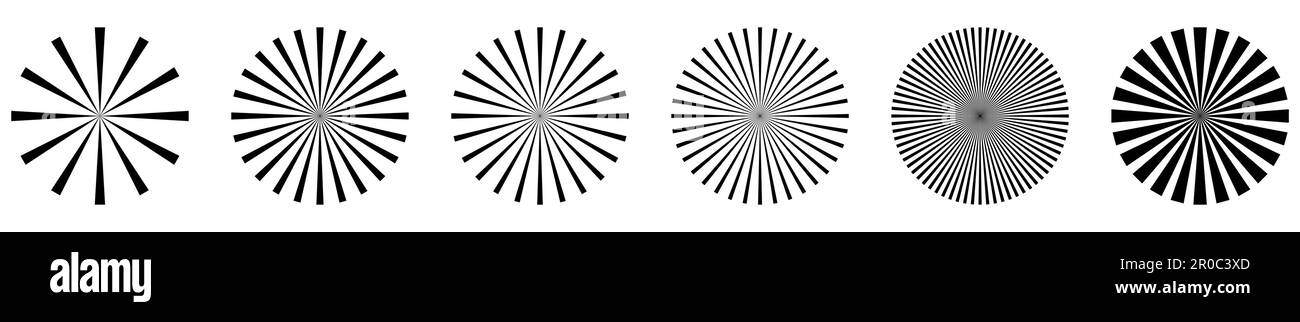 Set di elementi sunburst. Strisce radiali. Illustrazione vettoriale isolata su sfondo bianco Illustrazione Vettoriale