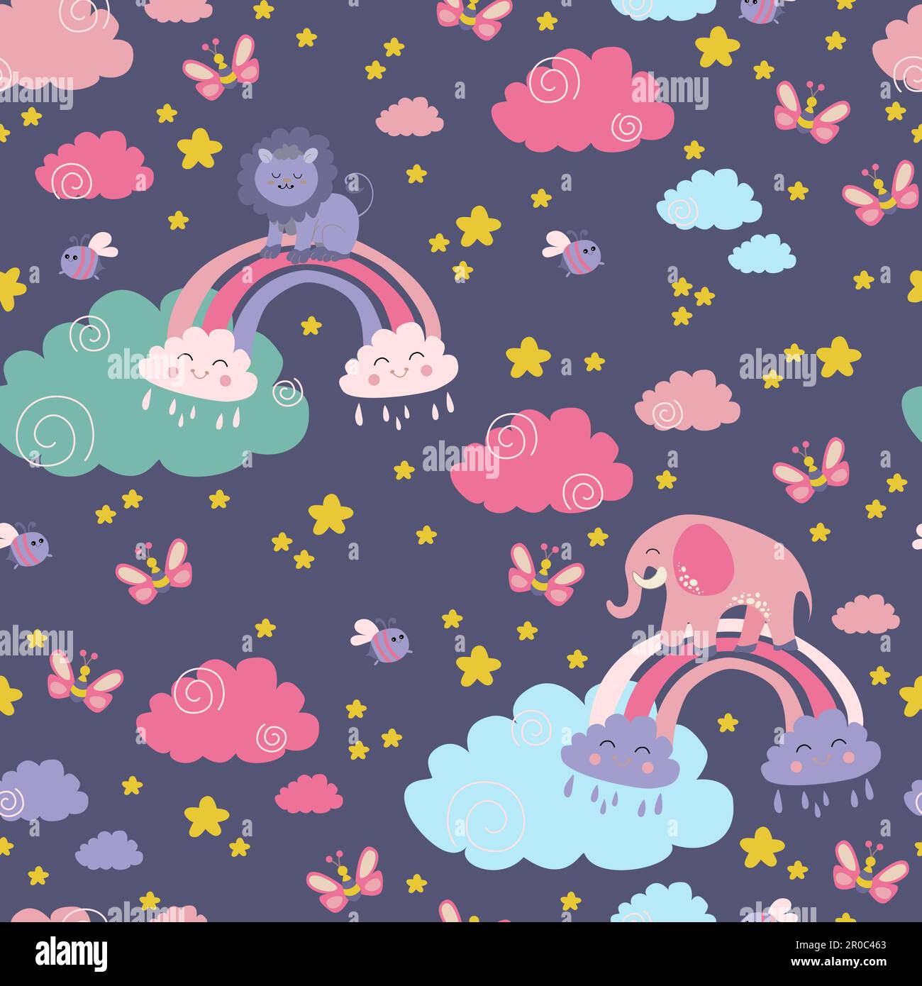Modello infantile senza cuciture con leone, elefante, farfalla, nuvole, arcobaleno e stelle. Illustrazione Vettoriale