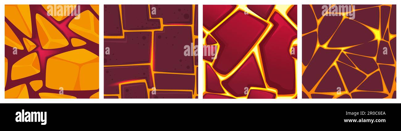 Cartoon vista dall'alto sfondi di flussi di lava liquida con pietre o caldo magma arancione in crepe al suolo per il gioco. Modelli vettoriali senza cuciture di eruzione vulcanica, roccia spaccata con plasma incandescente all'interno. Illustrazione Vettoriale