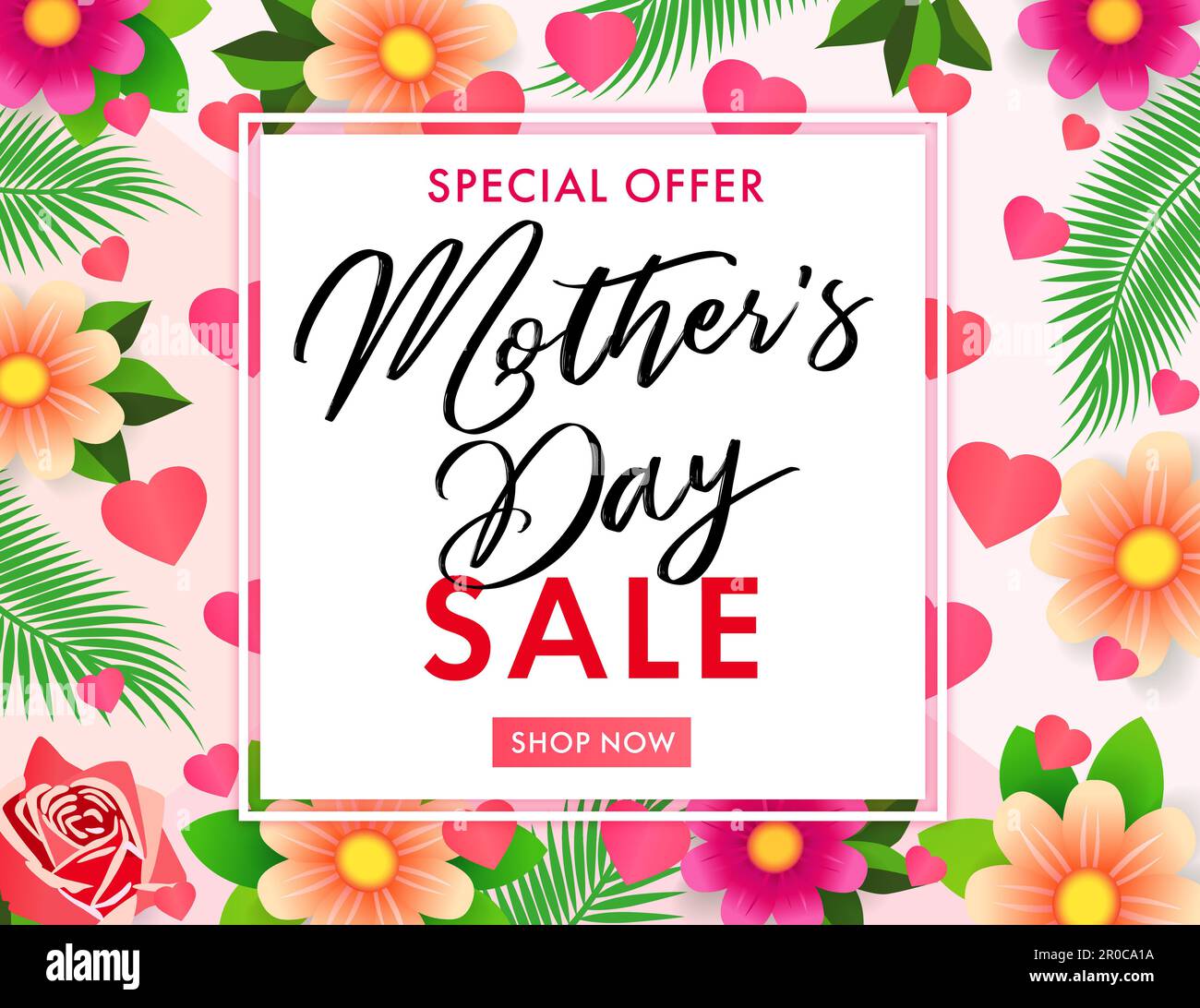 Vendita di festa della mamma scritta con bellissimi fiori, cuori e foglie. Promozione vettoriale banner o poster concept per l'offerta speciale Happy Mother's Day Illustrazione Vettoriale