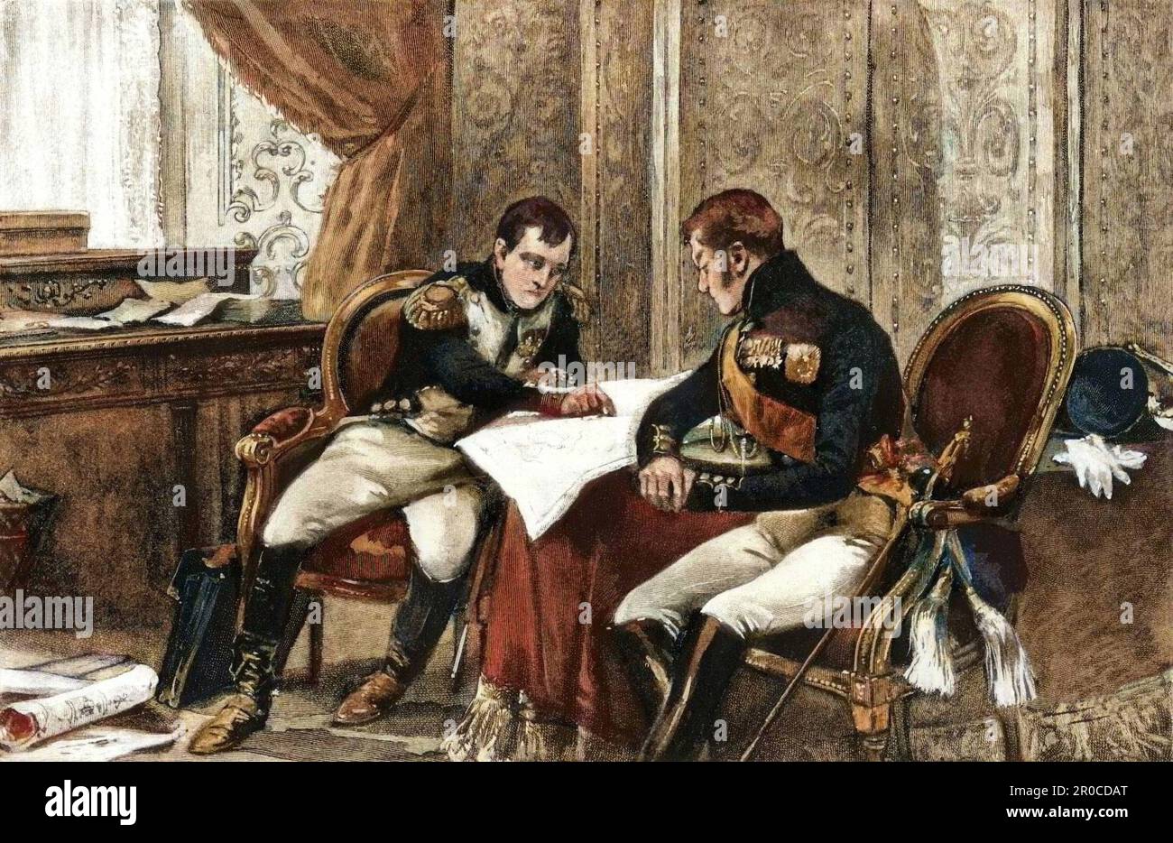 Napoleon Bonaparte (1769-1821) et le Tsar Alexandre Ier empereur de Russie (1801-1825) negociant un traite d'Alliance a Tilsit (Tilsitt), 1807. Gravure coloriee du 19eme siecle. Foto Stock