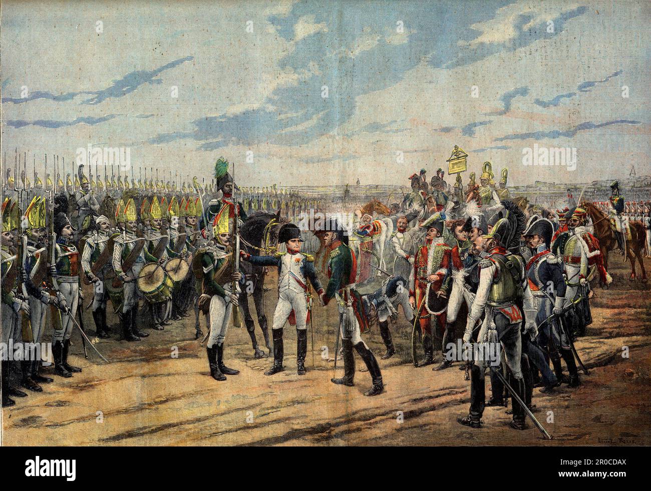 Napoleone che decora il granadiere russo a Tilsitt (Napoleone conferisce la Legione d'Honneur ad un soldato russo) - incisione dopo il dipinto di Lionel Royer. 1894 Foto Stock