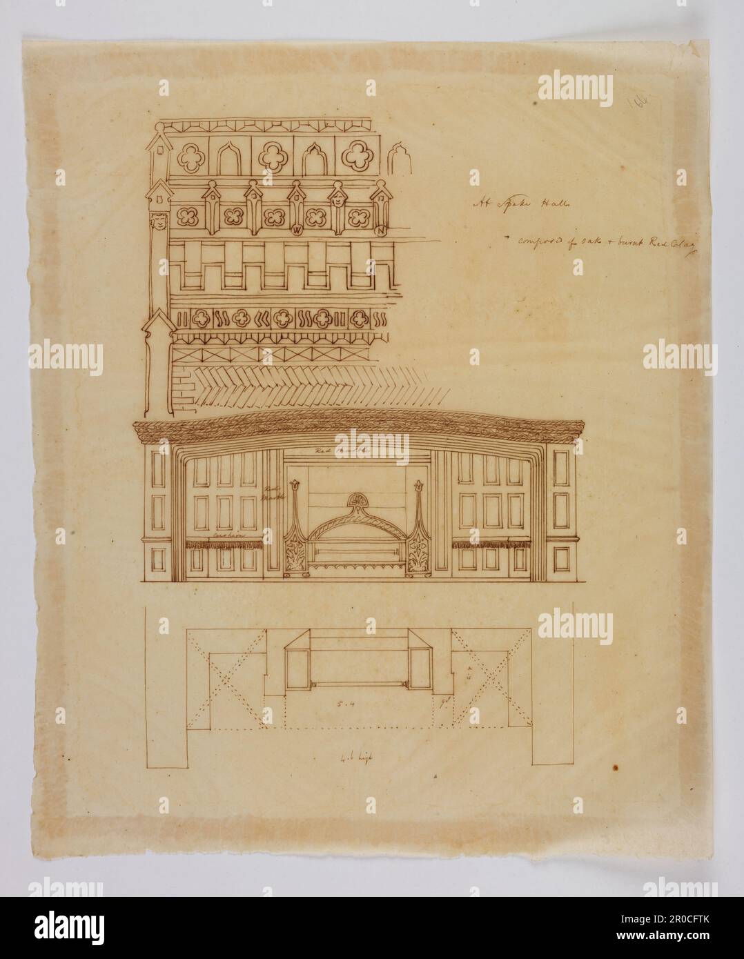 Wilkinson Tracing, Design per un camino e camino pezzo a Speke Hall, 1820. Inchiostro sulla carta da ricalco. Progettista: George Bullock. Disegnatore: Thomas Wilkinson Foto Stock