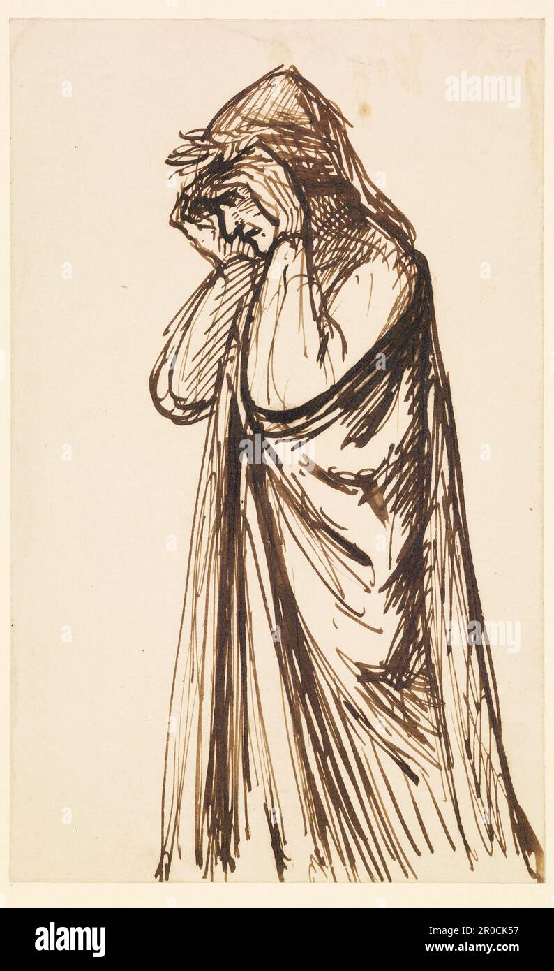 Incontro di Dante e Beatrice in Paradiso - schizzo di Dante, 1859-60. Artista: Dante Gabriel Rossetti.. Questo disegno è relativo ai vari soggetti Dante. Il motivo specifico delle mani attaccate alla testa non è nelle versioni finalizzate a olio e penna e inchiostro di 'la saluto di Beatrice' (National Gallery of Canada, Ottawa e Fogg Museum of Art, Harvard). Foto Stock