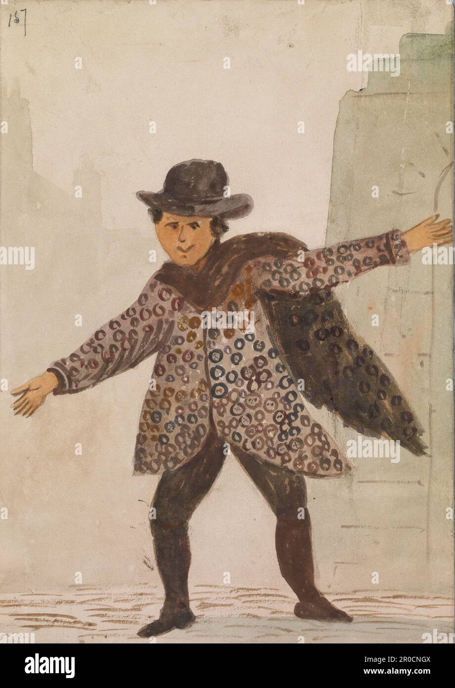 Acquerello - Billy Button, 1820-1830. Artista sconosciuto. Personaggio locale che mostra la moda per i bottoni di fantasia, raffigurato di fronte al Municipio di Birmingham. Foto Stock