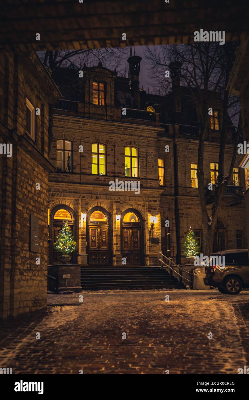 Una maestosa struttura in stile castello illuminata dalle luci notturne in una notte invernale innevata Foto Stock