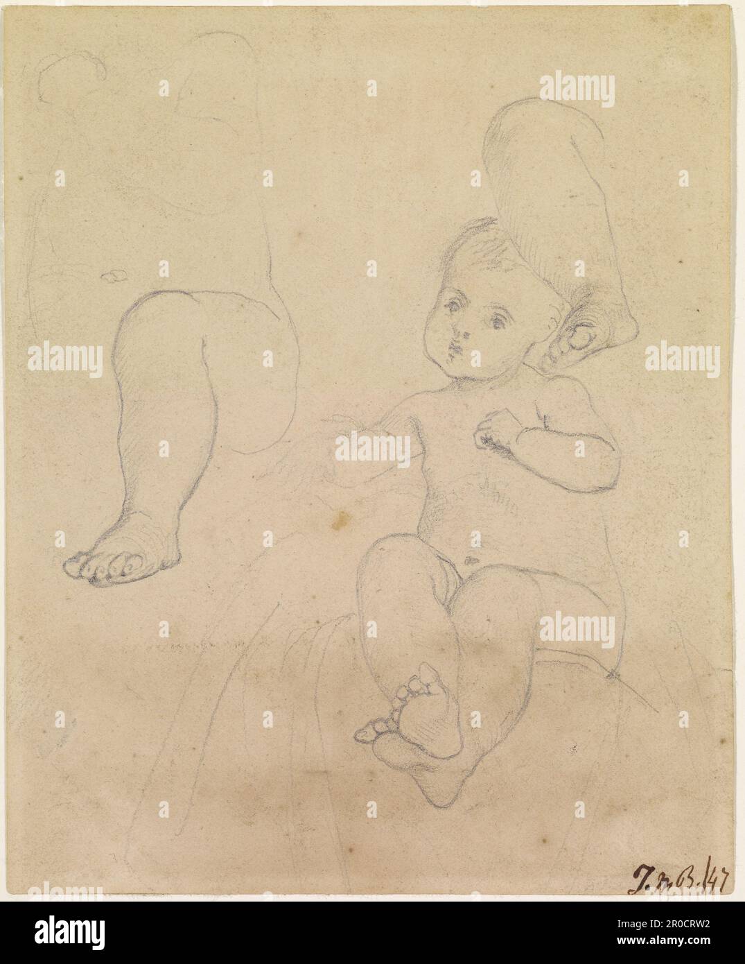 Anteriore. Recto/Front - Oure Ladye di sabato sera - Studio per il bambino seduto sulle ginocchia della Madonna e due studi separati sulle gambe del bambino, 1847. Verso/Back: Studio dell'ornamento, 1847. Ford Madox marrone Foto Stock