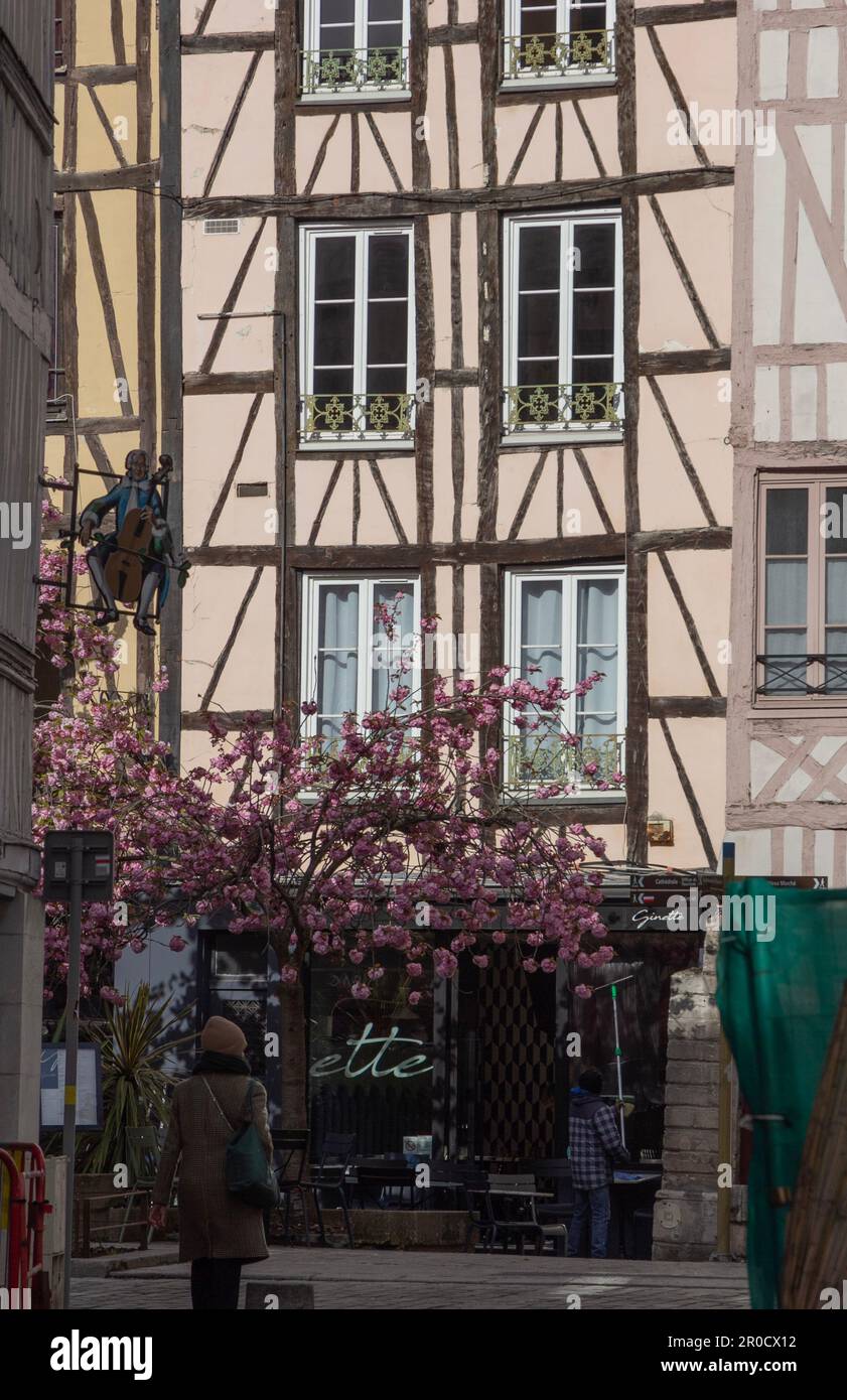 Place du Lieutenant Aubert nel centro storico di Rouen, Francia in primavera, con un cartello stradale di un violoncellista. Foto Stock
