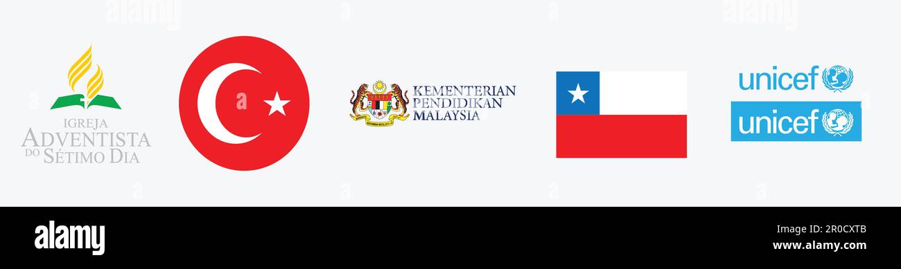Kementerian Pendidikan Malesia (2017) Logo, Türkiye (Yuvarlak) Logo, Igreja avventista do 7 Logo dia, Bandera de Chile Logo, Unicef Logo ciano. Illustrazione Vettoriale