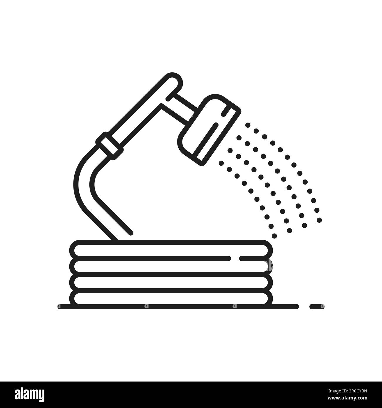 Tubo dell'acqua con dispenser, sistema di irrigazione agricola icona. Irrigatore per aziende agricole, irrigazione a goccia o impianto di irrorazione sul campo segno vettoriale a linee sottili. Illustrazione Vettoriale
