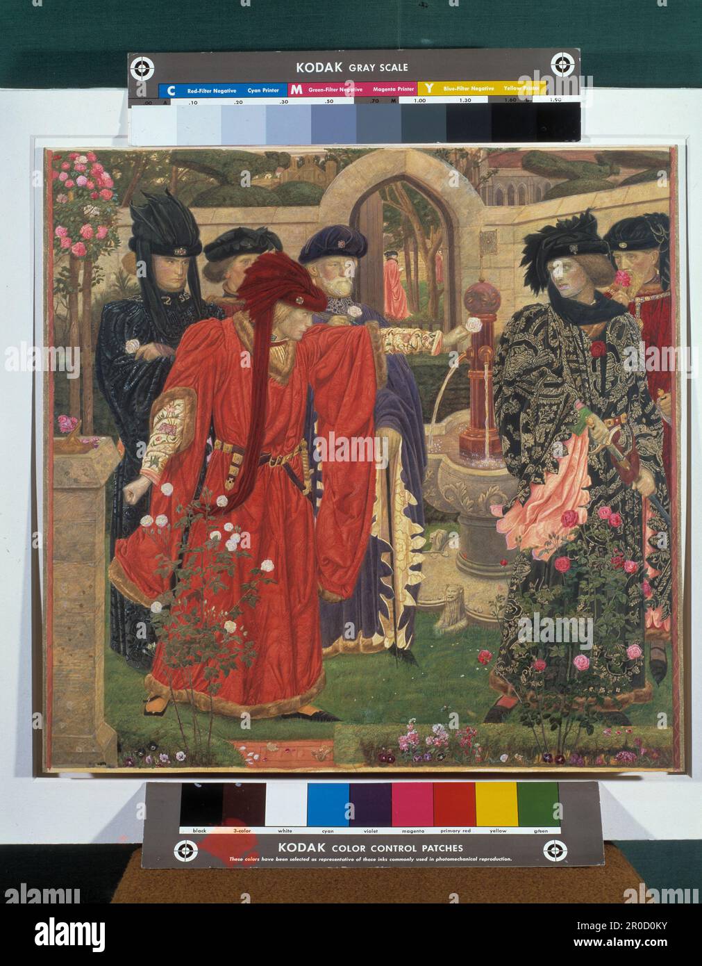 Scelta delle Rose rosse e bianche nel Giardino del Tempio, 1910. Raffigurante la scena probabile-immaginaria da William Shakespeare di Edmund Beaufort, 2nd Duca di Somerset che è sfidato da Richard di York, 3rd Duca di York per scegliere tra la Rosa Bianca di York e la Rosa Rossa di Lancaster... Artista: Henry Payne. Acquerello Foto Stock