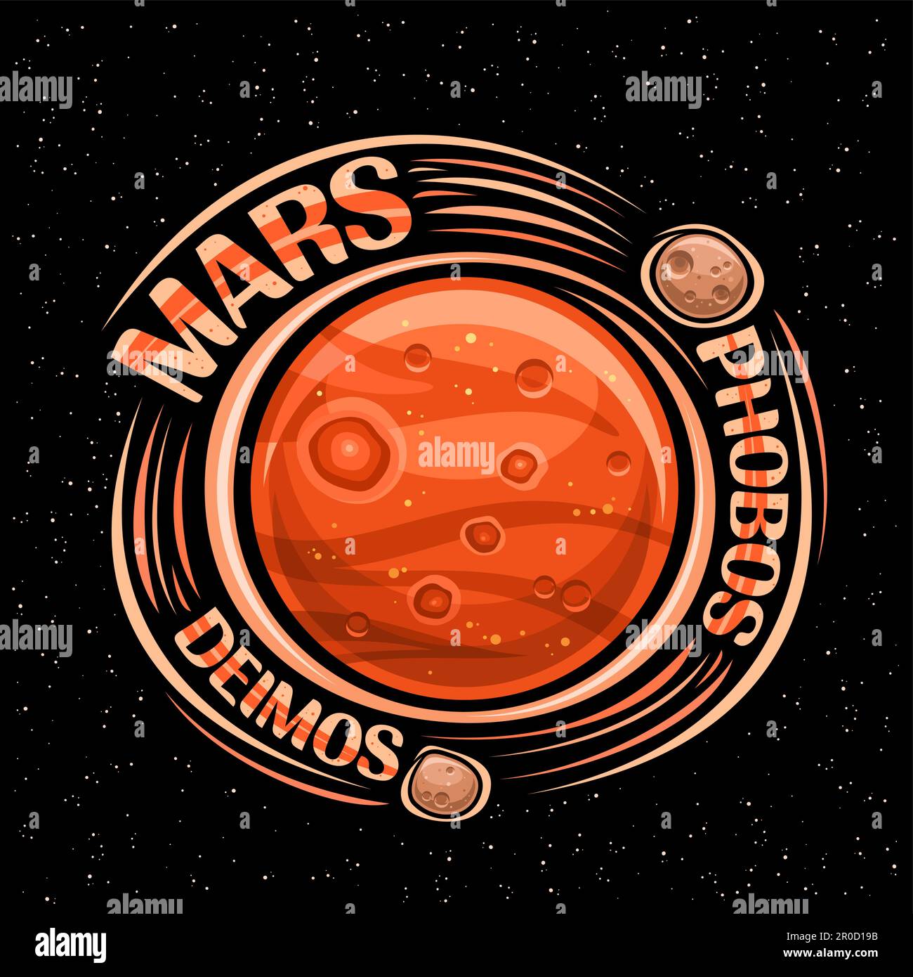 Logo vettoriale per Marte, fantasy stampa cosmo con Marte planetarie con satelliti rotanti, superficie planetaria con crateri e montagne, testo arancione decorativo Illustrazione Vettoriale