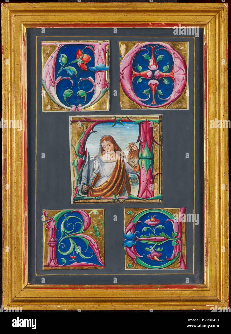 fino a 56.. Lettere iniziali decorate e Judith con il capo di Holofernes, 1530. 1962P52 (immagine centrale) Giuditta con il capo di Holofernes. 1962P53 (in alto/all'estrema sinistra) lettera iniziale decorata 'U'. 1962P54 (in alto/all'estrema destra) lettera iniziale decorata 'o'. 1962P55 (in basso/all'estrema sinistra) con la lettera iniziale decorata 'R'. 1962P56 (in basso/all'estrema destra) lettera iniziale decorata 'G'. Artista sconosciuto, Scuola Italiana del Nord Foto Stock