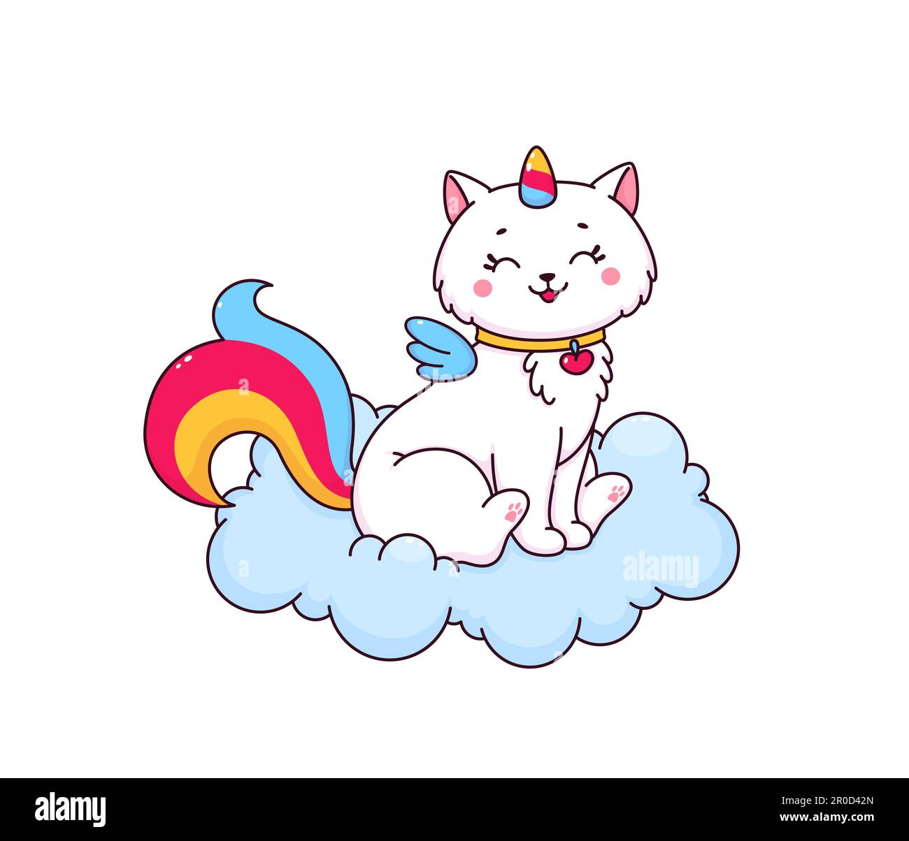 Personaggio di cartoni animati sulla nuvola soffice con corno unicorno arcobaleno, coda e ali d'angelo. Carino bianco gatto vettore personage, adorabile gattino o gattino Illustrazione Vettoriale