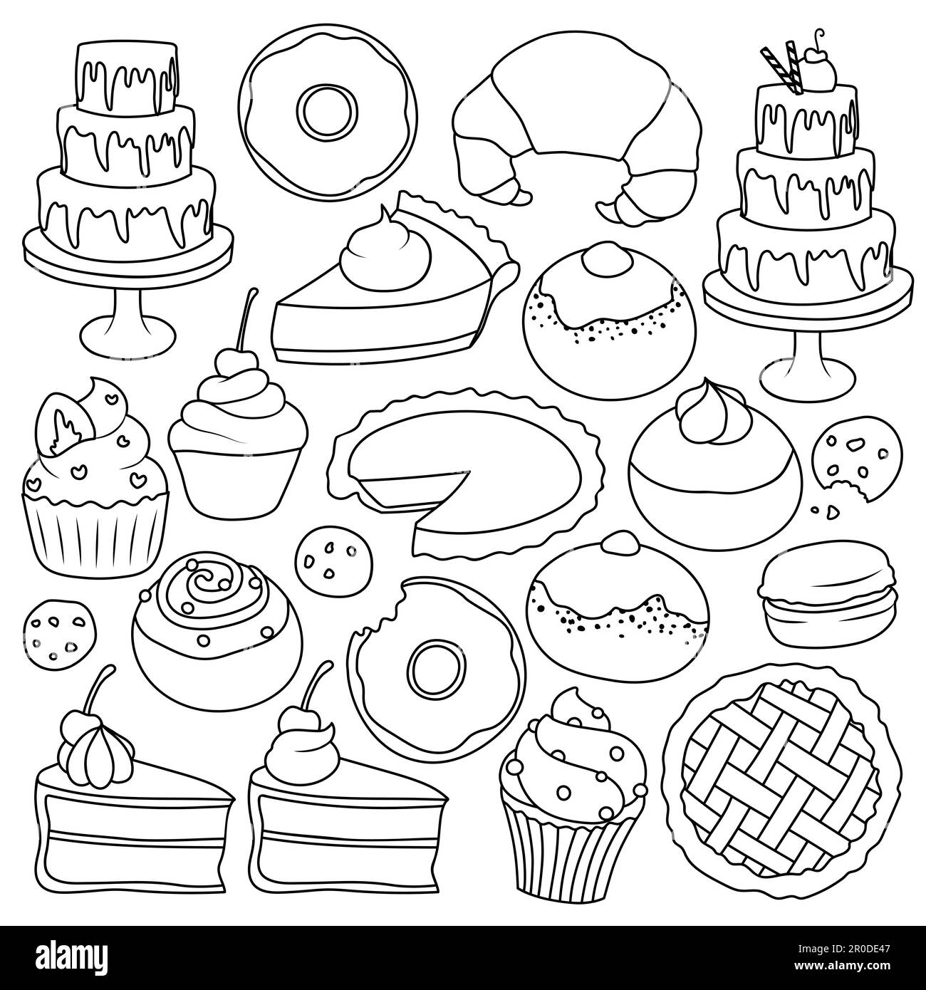 Collezione di illustrazioni cartoni animati in bianco e nero di vari dessert e dolcetti. Vettori isolati disegnati a mano. Contorni neri per la colorazione. Illustrazione Vettoriale