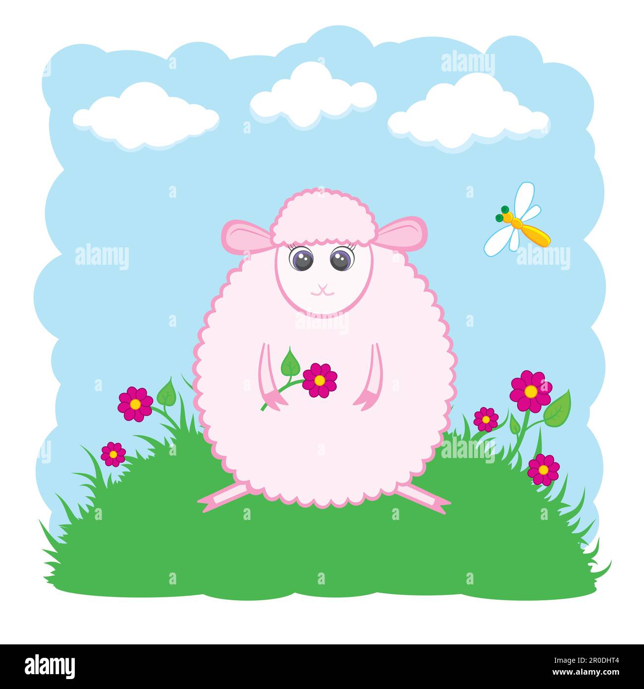 Carino agnello su un prato con un fiore. Illustrazione Vettoriale