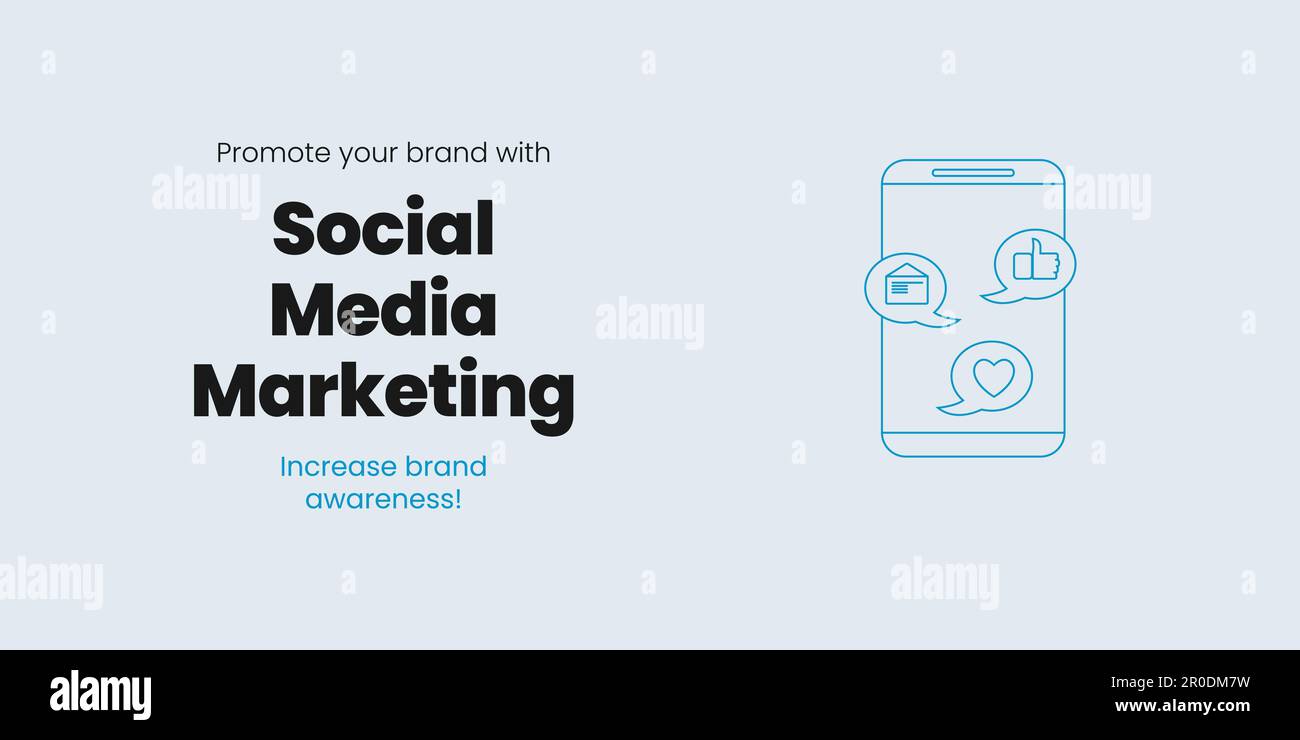 Banner di marketing sui social media su sfondo blu. Elegante banner SMM con testo nero e blu e icona per il business e il marketing Illustrazione Vettoriale