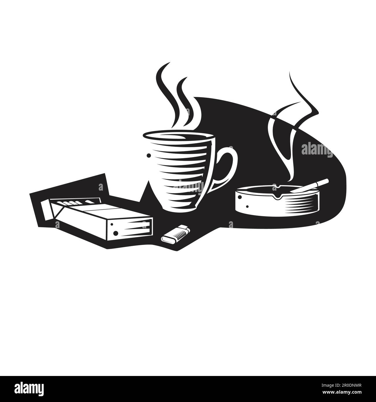 Un disegno bianco e nero di una tazza di caffè e di una barretta di cioccolato. Illustrazione Vettoriale