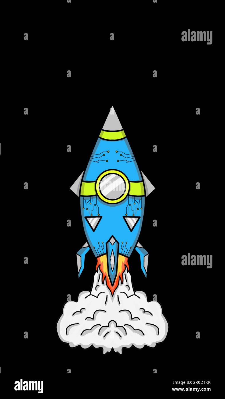 Un'illustrazione di un razzo che si tacca da un pattino di lancio contro uno sfondo nero Foto Stock
