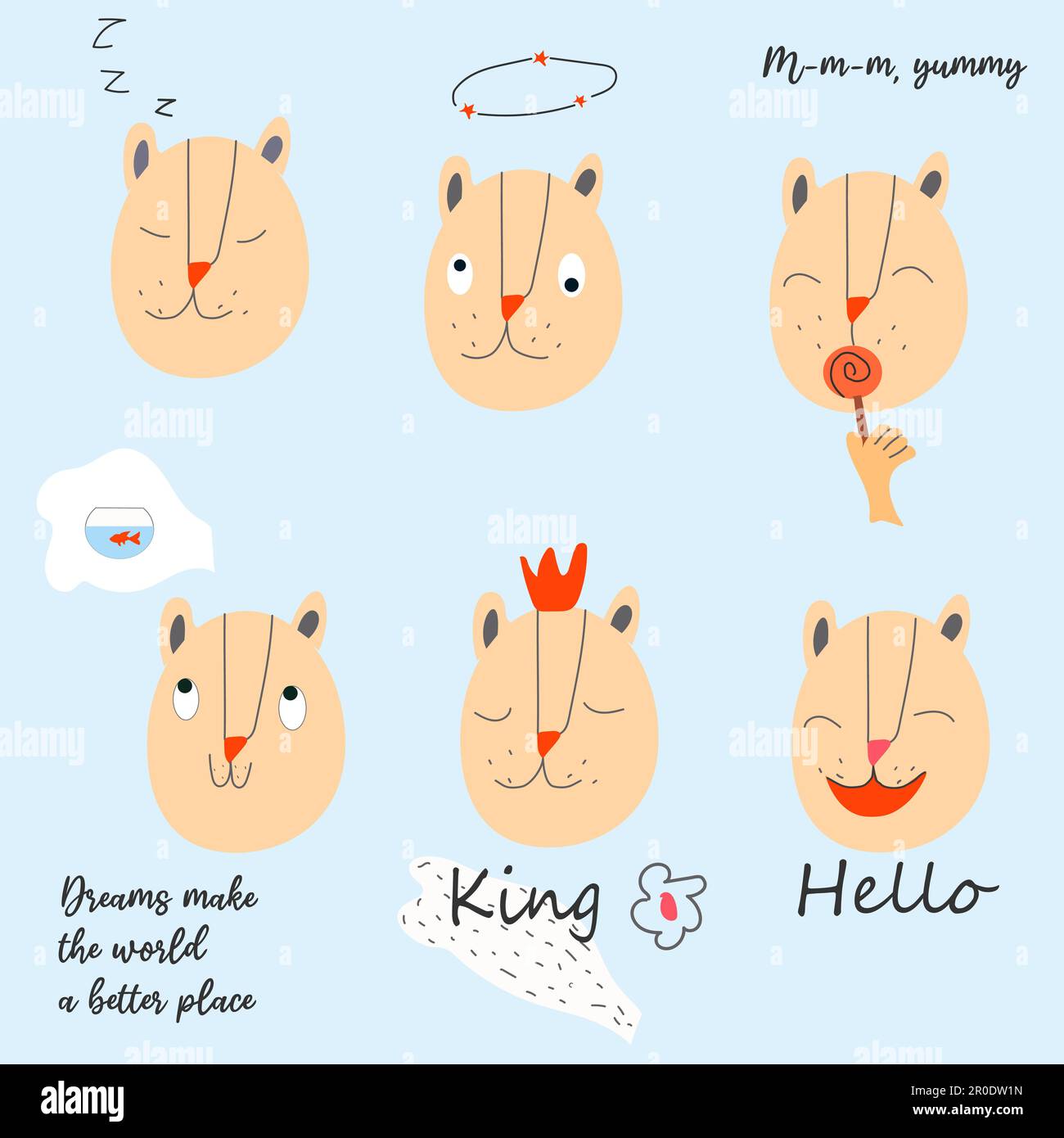 un set di gatti divertenti in stile cartoon Illustrazione Vettoriale